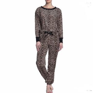 Betsy Johnson Velour Brown Tan cheetah Print Long Sleeve Pants Soft Pajama Set S